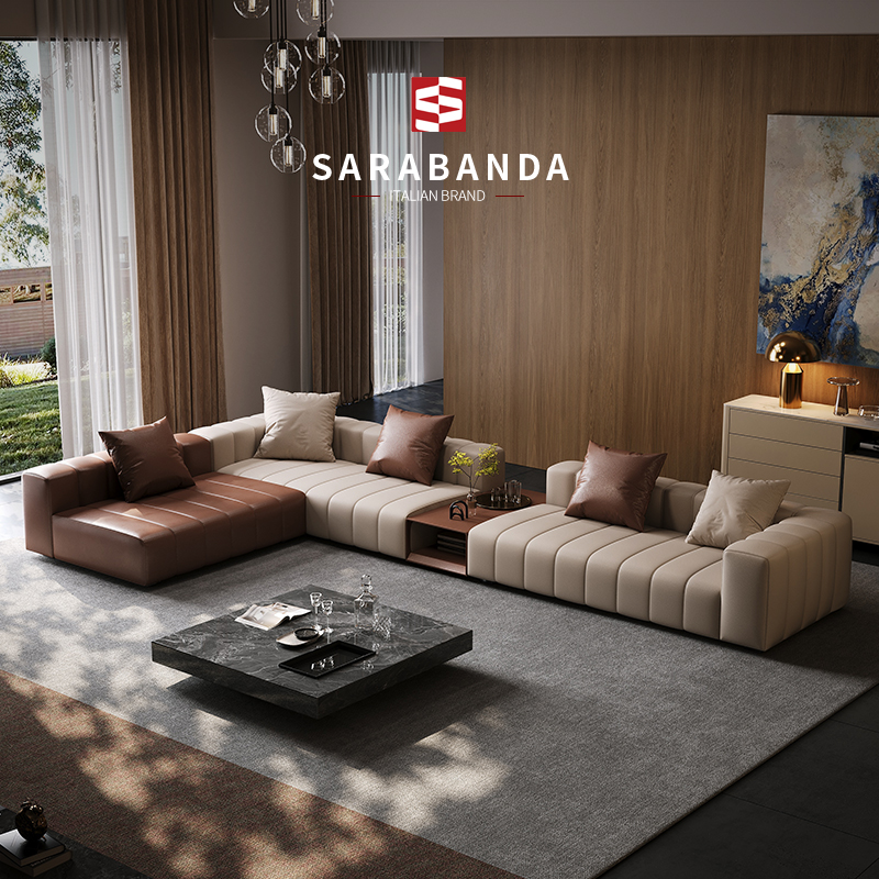 意式极简钢琴键真皮沙发大户型客厅别墅大平层横厅设计师沙发组合