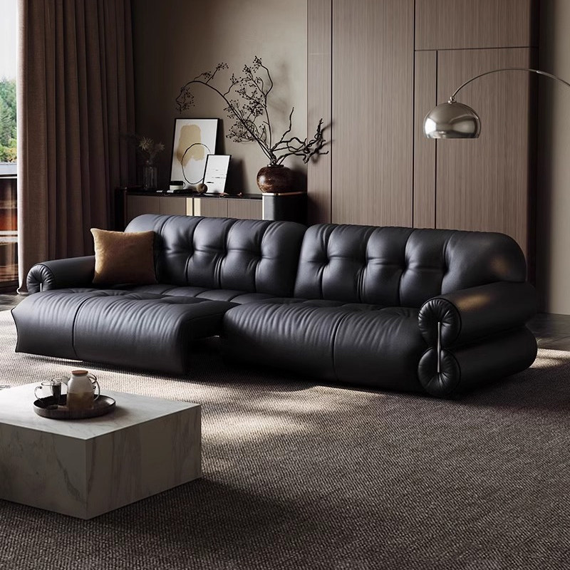 法式设计师黑糖电动伸缩直推云朵沙发黑色真皮复古风多功能沙发床,住宅家具,功能沙发,淘宝优惠券,粉丝福利购,淘宝优惠卷