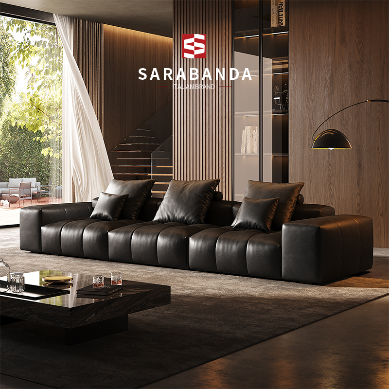 意式极简沙发客厅黑色真皮头层牛皮沙发小户型钢琴键像素直排沙发