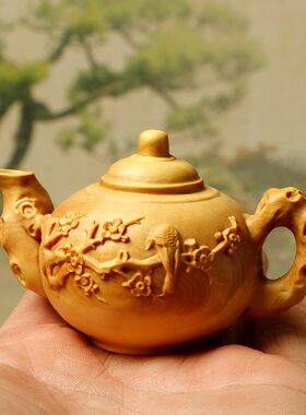 黄杨木雕刻梅花茶壶摆艺实木雕刻玩把件工件品原木把手花鸟收藏品