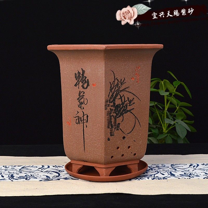 宜兴紫砂花盆009款跑量六方呙口 宫灯 原色手工透气 包邮