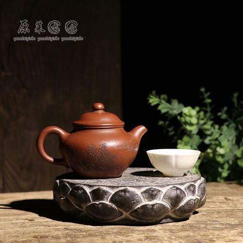 天然青石雕刻莲花石鼓壶承茶席防烫底座中式小茶台复古怀旧