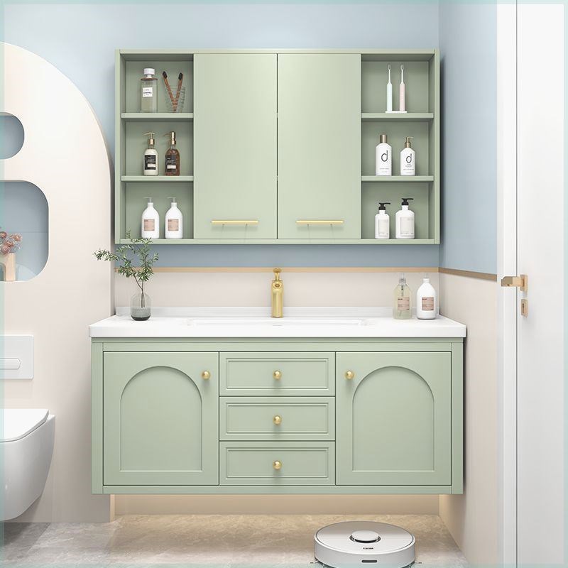 橡木隐藏风水镜柜74/84/94/104/114CM陶瓷一体盆浴室柜组合洗漱台