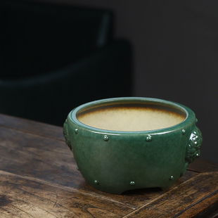 秦夕洪绿釉紫砂花盆兽耳鼓钉内门竹兰花老桩盆景植物桌面室内花卉