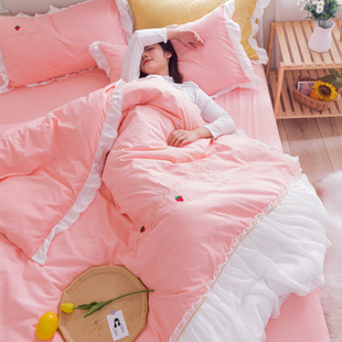 公主风少女心水洗棉四件套床裙款床单蕾丝韩式被套床上用品三件套