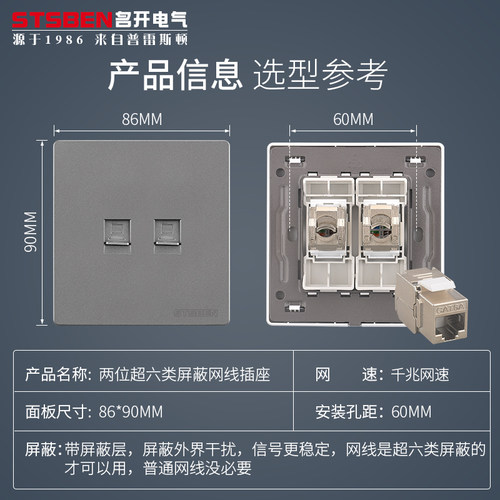 86型暗装直插双口千兆网络面板 灰色 两位超六类屏蔽网线电脑插座