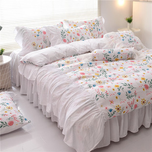 公主风小碎花纯色花边水洗棉四件套被套床裙少女心田园风床上用品