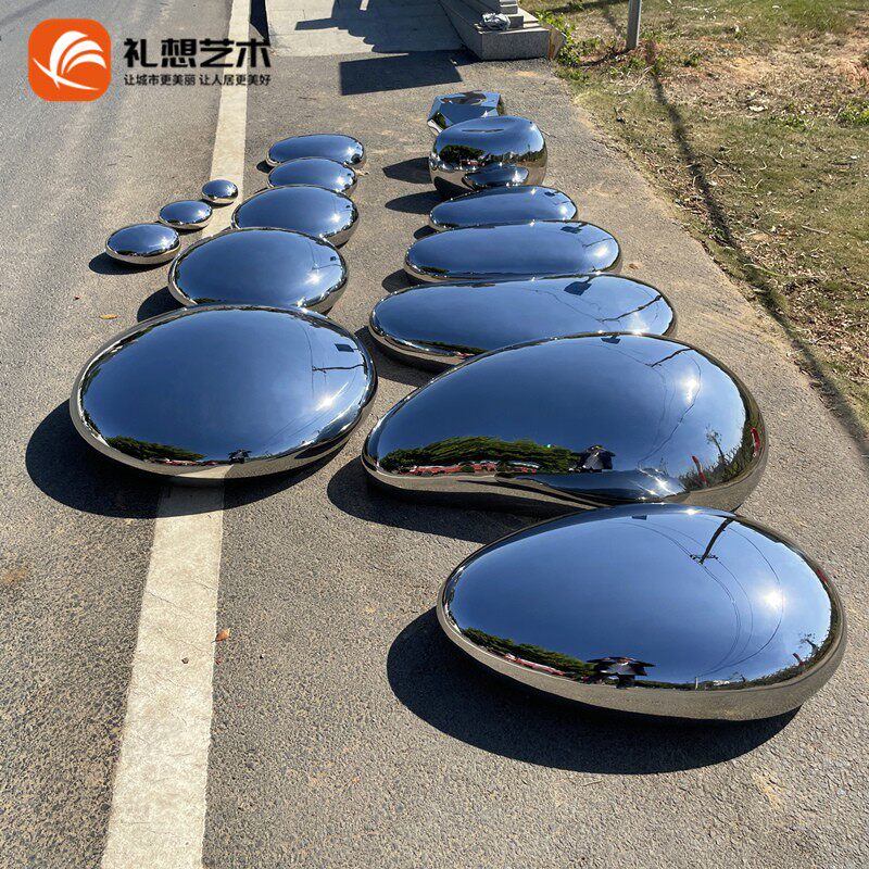 现货不锈钢水滴鹅卵石头雕塑高圆坐镜面室内户外水池装饰摆件金属