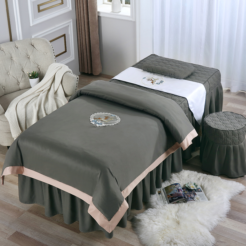 纯色美容床罩四件套欧式棉刺绣养生洗头床套定做LOGO奢华理疗四件