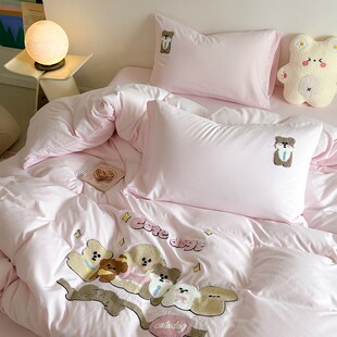 晚安猫卡通毛巾绣水洗棉四件套被套床单床笠宿舍三件套床上用品