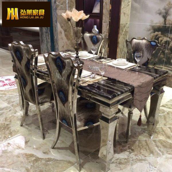 不锈钢大理石餐桌椅组合 现代简约轻奢新古典6人餐厅时尚欧式餐台