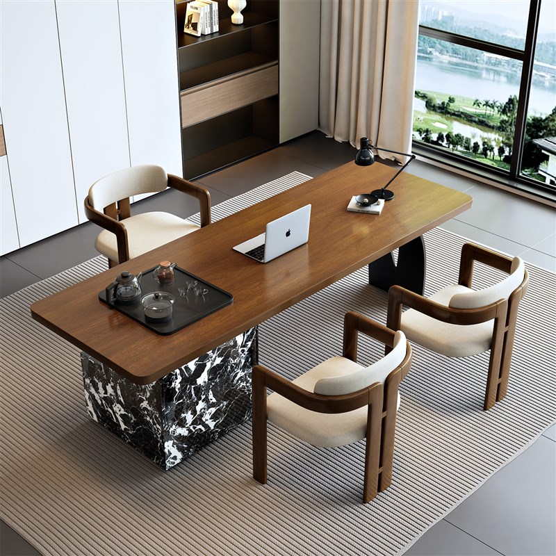 实木茶桌茶台办公一体o两用轻奢高级感现代简约办公室泡茶桌椅组