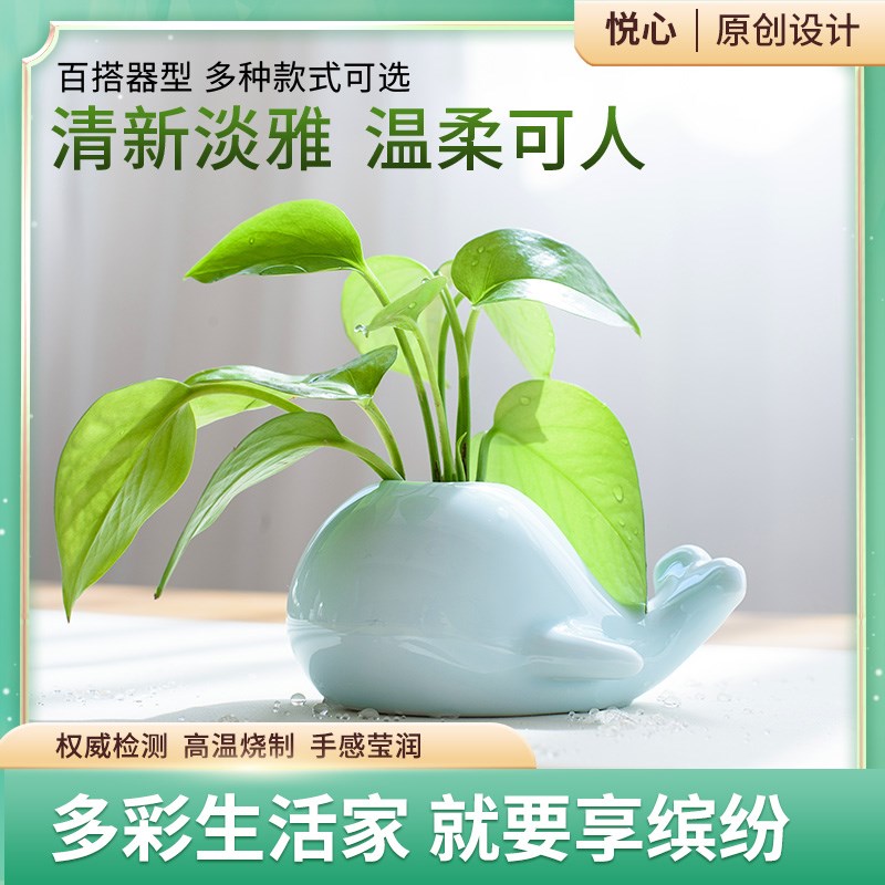 创意花器皿陶瓷摆件可爱鲸u鱼大象小花瓶插家居水培养卡通青瓷绿