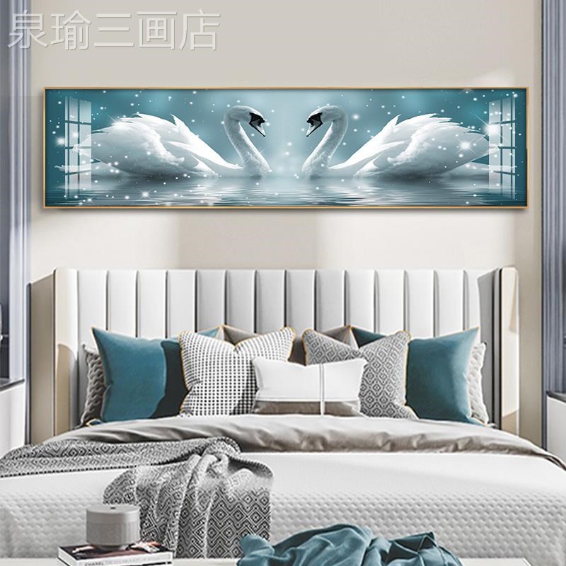 网红代现简约卧室头天鹅粉色版挂奢E晶瓷镶钻主卧床背景墙横北轻