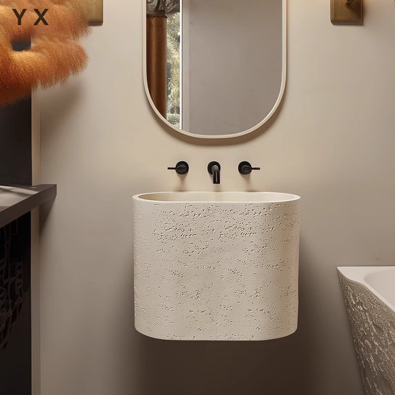 侘寂风洞石洗手盆一体艺术壁挂浴室柜卫生L间挂墙式小号户型洗漱