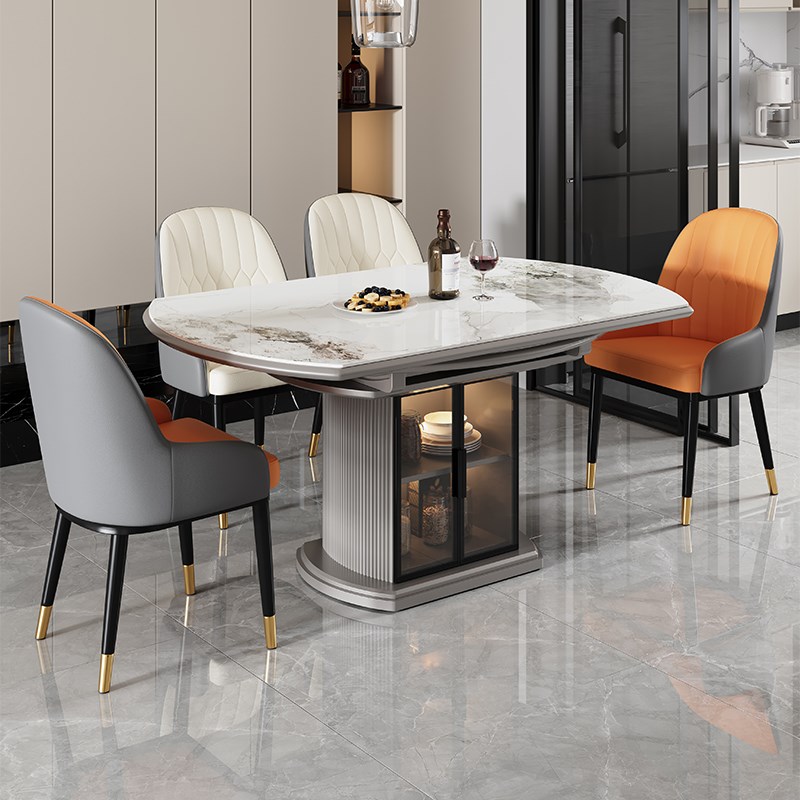 岩板餐桌b椅组合现代简约轻奢小户型家用可伸缩方圆两用饭桌带储