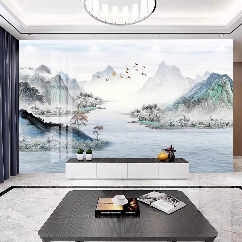 3d客厅电视背景墙壁纸新中式壁画影视墙壁布8OD墙纸新款山水画墙