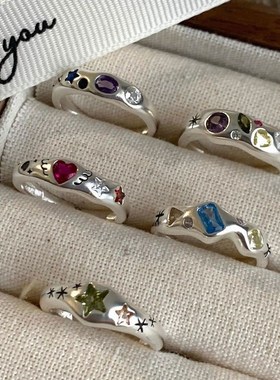 彩色爱心锆石戒指女时髦气质网红爆款S92N5银开口指环食指戒潮