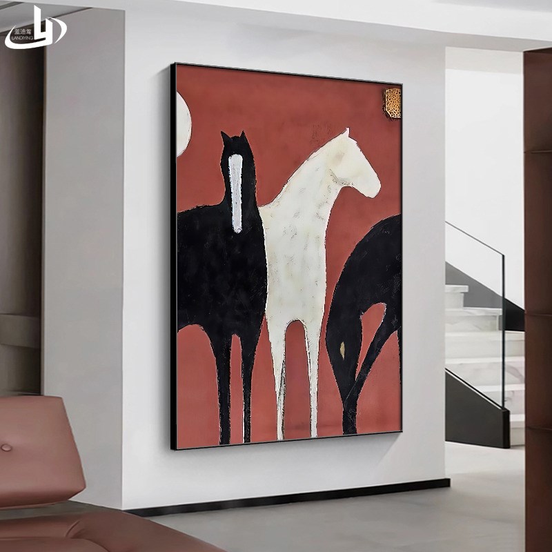 入户玄关装饰画中古风骏马客厅沙发背景墙挂画过道走廊办公室壁画