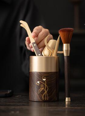 黑檀铜木茶六君子荷花具茶茶道套dat810装功夫茶配件养壶笔夹道防