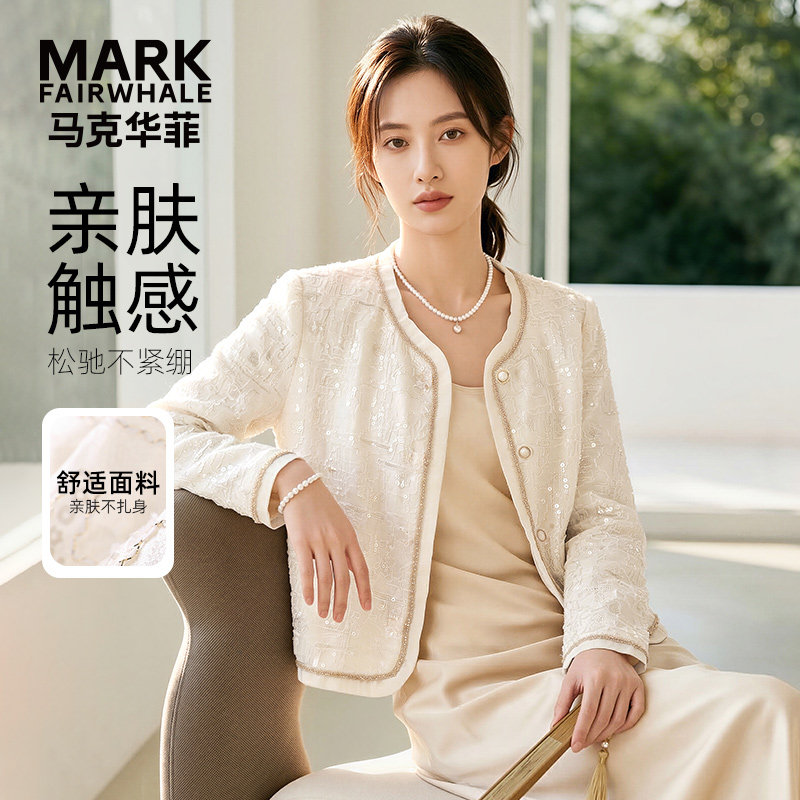马克华菲亮片复古小香风花边短外套女春季新款长袖显瘦高级感上衣