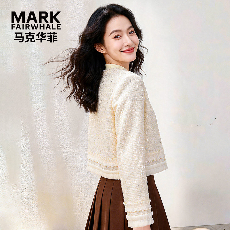 马克华菲女装复古小香风V领短外套女春装设计感短款亮片显瘦上衣