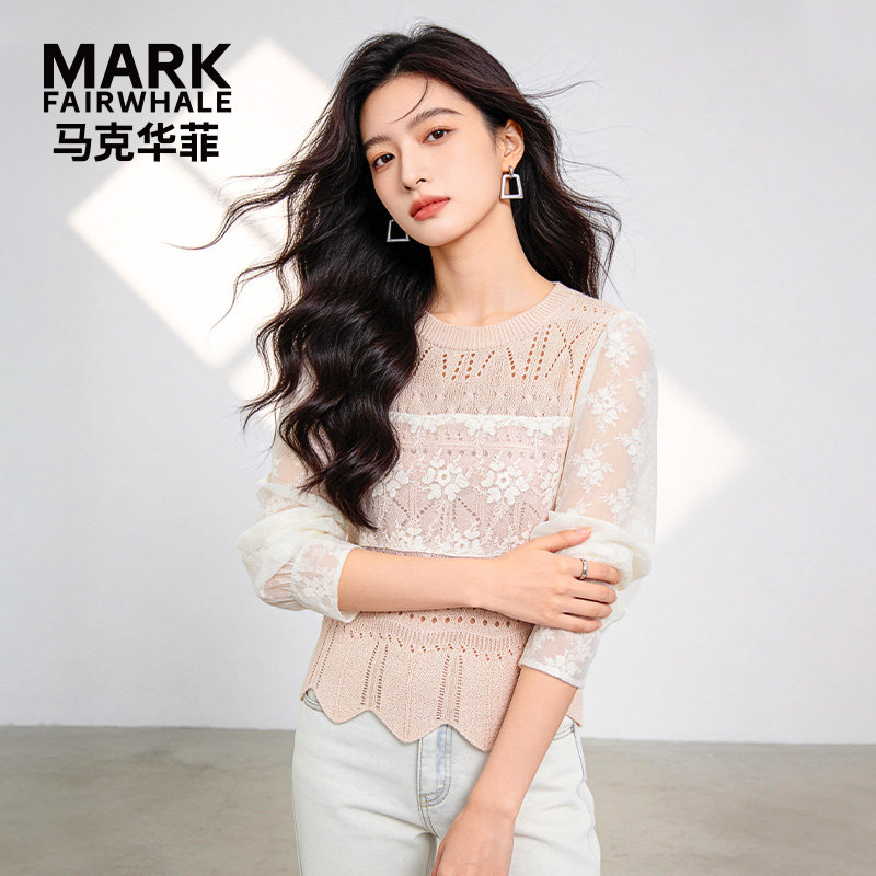 马克华菲女装蕾丝拼接长袖上衣女2026春季新款设计感圆领气质小衫