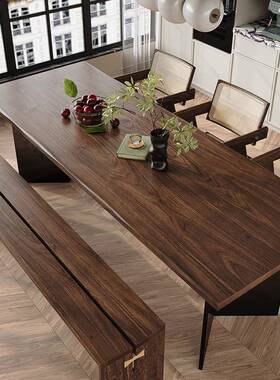 亚克力悬浮胡桃形木餐桌椅书组535323合黑诧寂风长方实木桌现代简