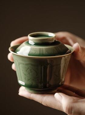 龙盖泉青瓷子青釉中国风复碗QXH古全手工梅半刀泥福兮碗泡茶单个