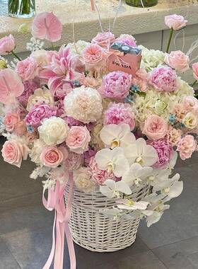 七夕节浪漫RIR色桶柳编插大号白花篮花束鲜花花桶抱抱花艺花店