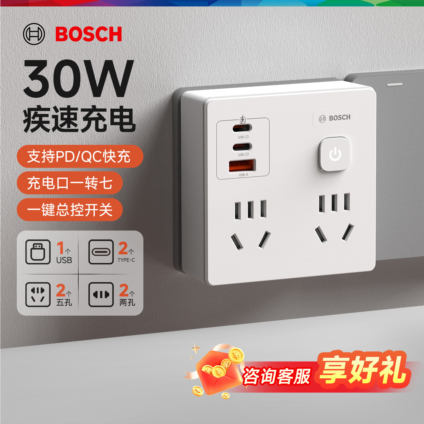 博世插座插头转换器一转多扩展多功能插座家用插线板面板86型插排