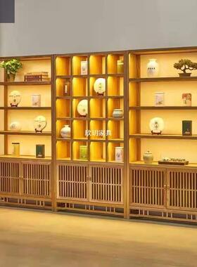 宝实木xx新中式木博古带灯书架屏风实架置物多格榆木茶室茶叶展示