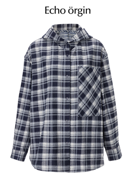 EO设计师品牌复古格纹25秋冬新款格子上衣造型感宽松连帽格子衬衫