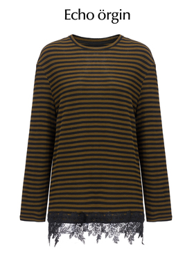 EO设计师品牌25秋冬新款宽松慵懒风绵羊毛圆领条纹拼接蕾丝针织衫