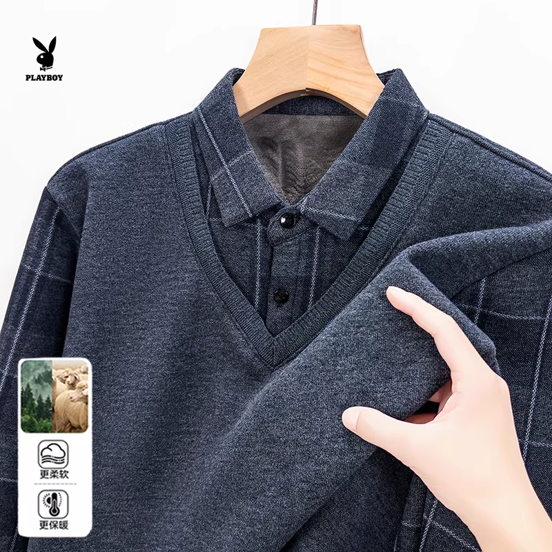 PLAYBOY男士假两件衬衫领针织衫黑灰色保暖毛衣打底衫2025年秋季