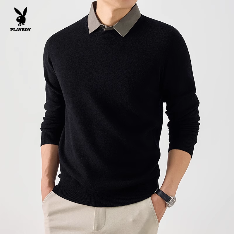 花花公子100%绵羊毛衬衫领针织衫男黑色假两件毛衣