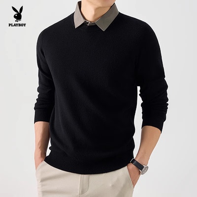 花花公子100%绵羊毛衬衫领针织衫男黑色假两件毛衣2025年秋季男款