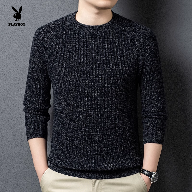花花公子绵羊毛针织衫男圆领宽松保暖打底毛衣