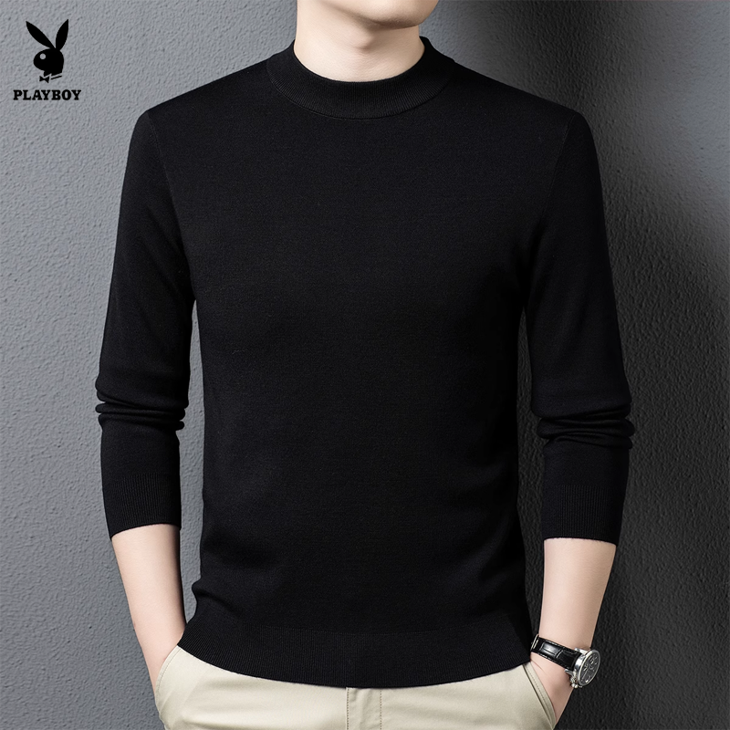 花花公子男士半高领羊毛衫黑色修身保暖毛衣2025年秋季日常针织衫