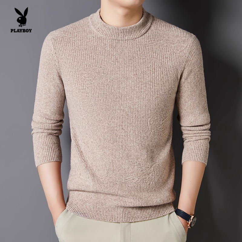 花花公子绵羊毛圆领针织衫男百搭休闲打底毛衣