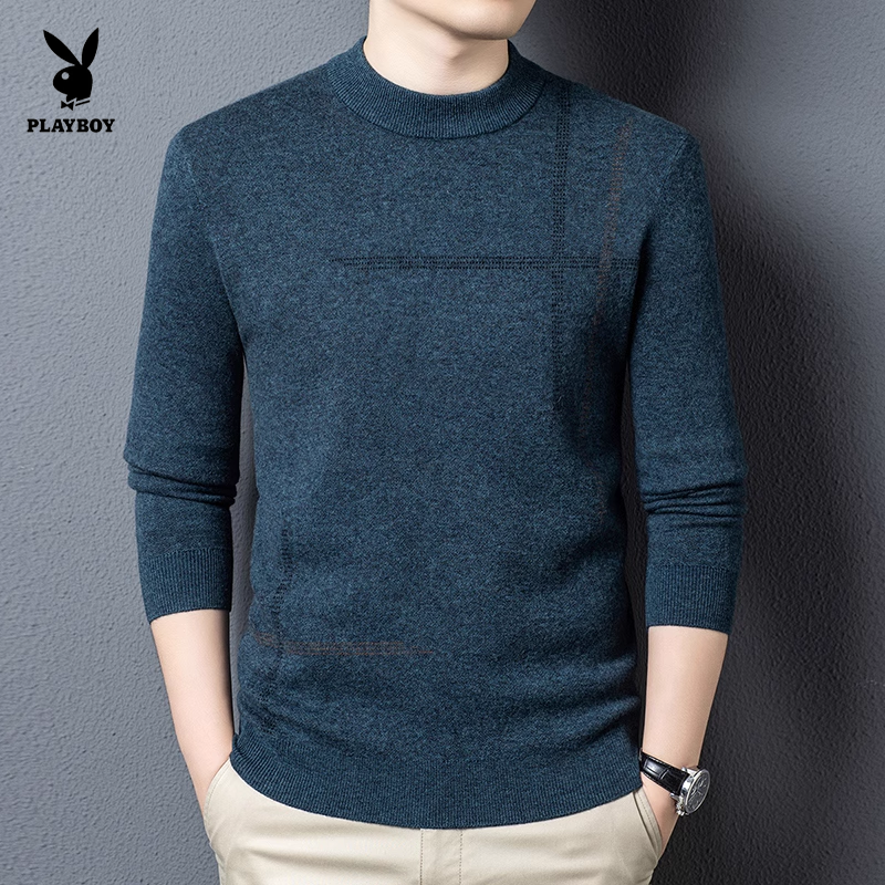 花花公子男士圆领绵羊毛针织衫长袖百搭保暖毛衣