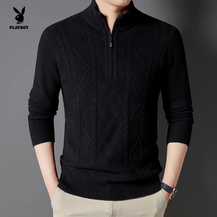花花公子绵羊毛半拉链立领针织衫男黑色内搭毛衣常规款休闲长袖