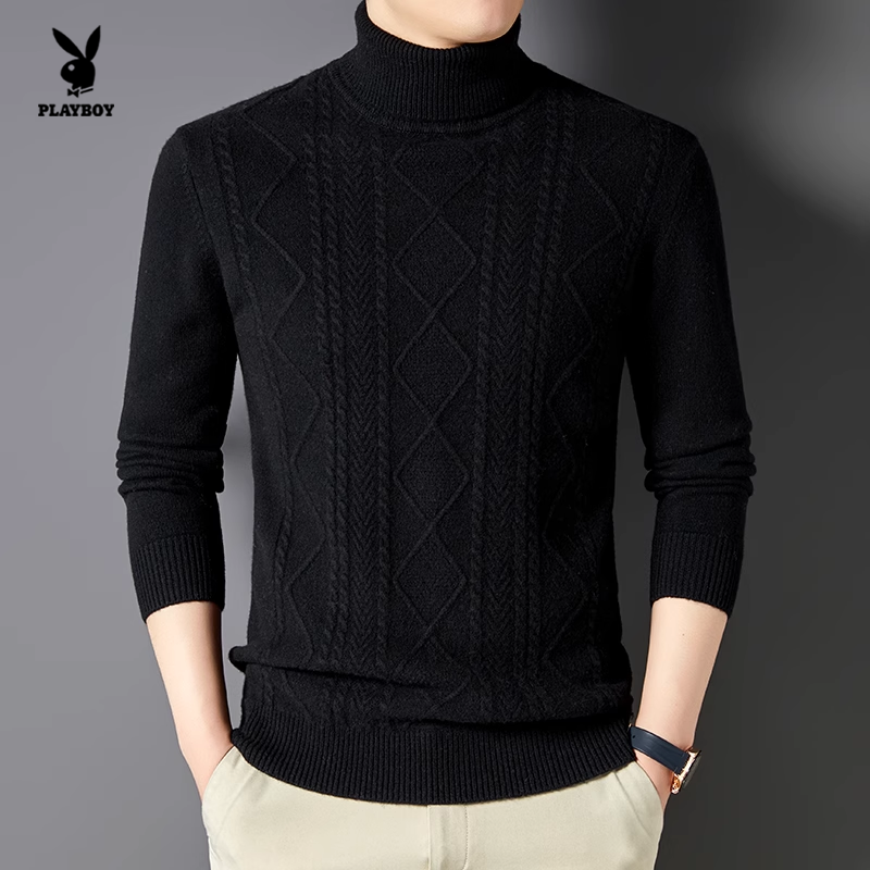 花花公子100%绵羊毛男士高领毛衣加厚保暖针织衫休闲风修身型拼接