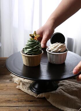 SBF日瓷式陶蛋糕罩托盘高脚带玻架璃甜品展示台黑色点心零食宴会