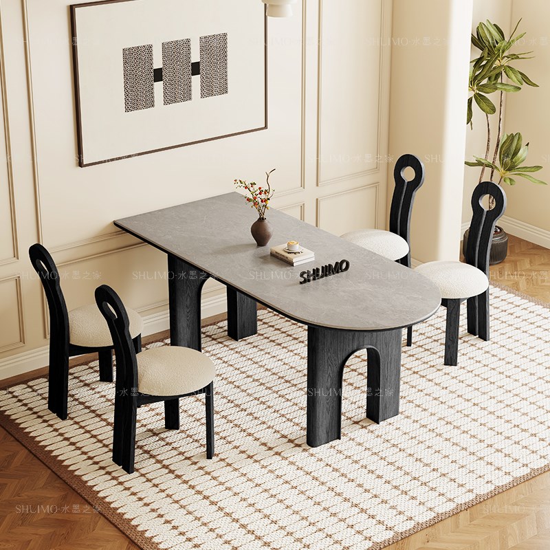 德利丰岩板洞f石法式餐桌家用小户型轻奢奶油椭圆长方形餐桌子客