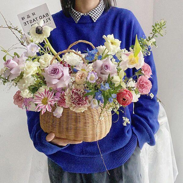 贝影 椭圆细提手花篮印尼藤编制小花篮防水插花篮收纳