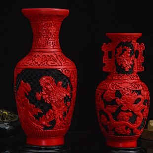 12寸扬州雕漆中国红漆器摆件装饰花瓶古典进宅商务民间特色礼品