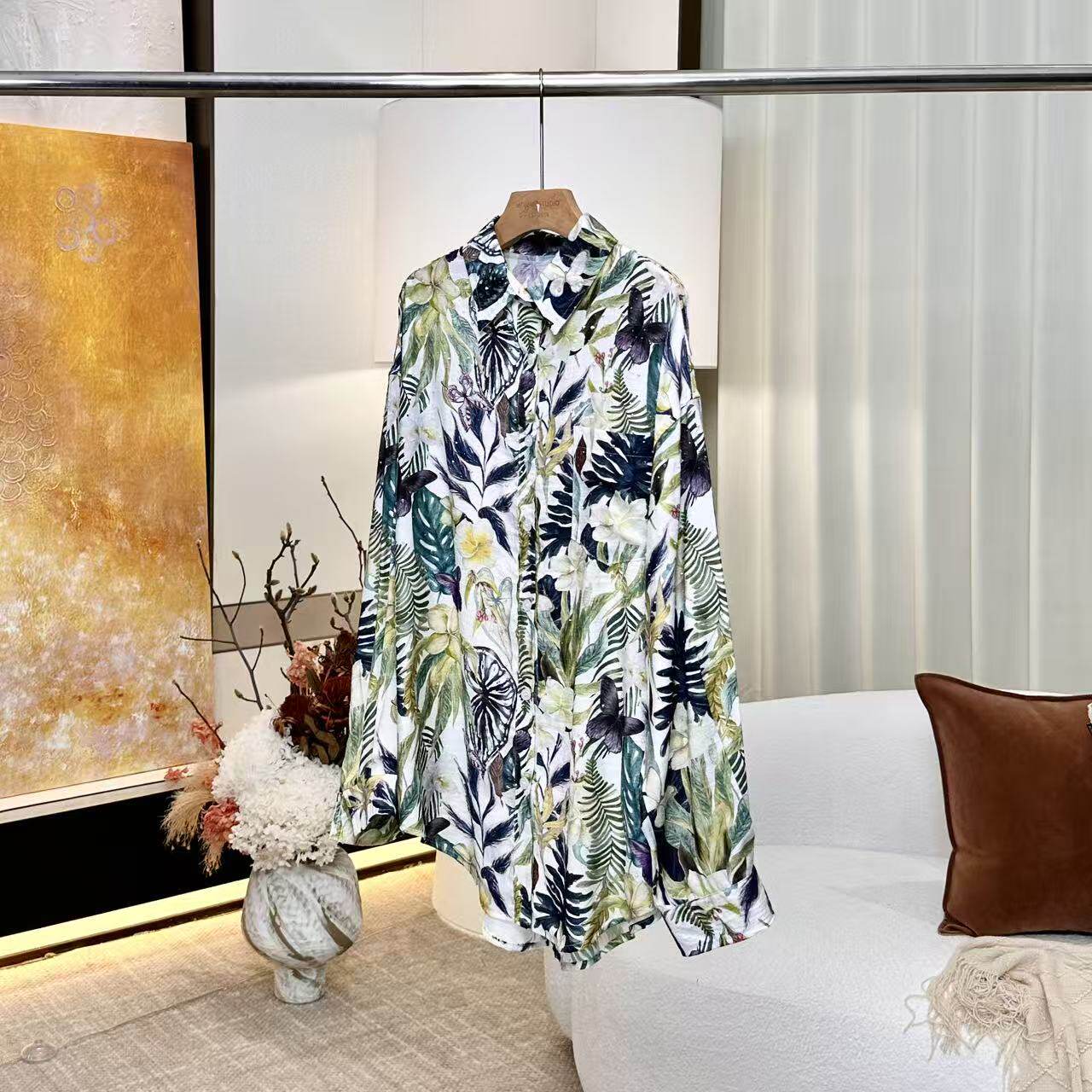 【妍妍】天丝/亚麻 度假风植物染烫钻花衬衫 ONSC207636210