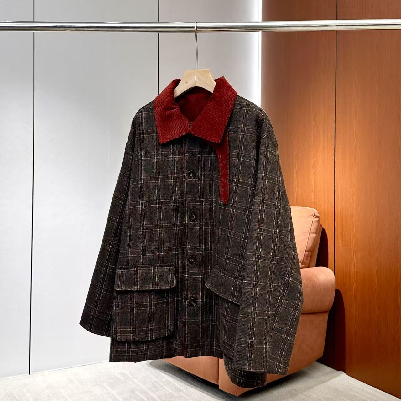 【妍妍粉丝专享】25新款复古格纹拼接翻领夹克外套ONWD2135125806