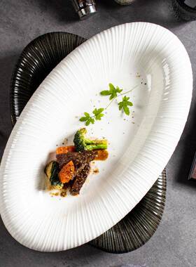 北欧色椭圆条陶瓷凉菜盘子白菜盘家用浅67504盘酒店境餐纹厅意菜